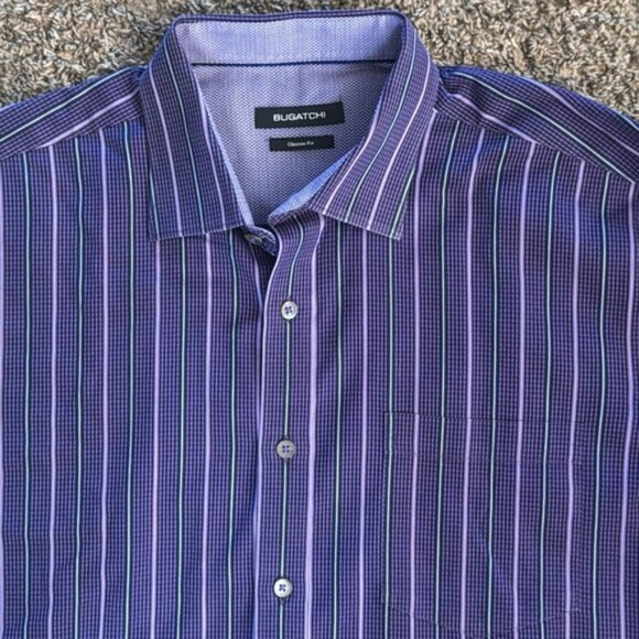 Bugatchi Extra Large Purple Striped Classic Fit Button Front Shirt - Picture 3 of 7